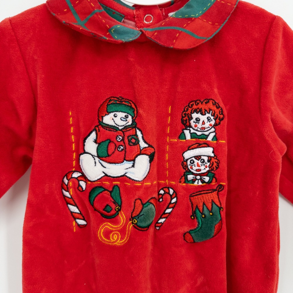 Vintage 90s Raggedy Ann Christmas Baby Romper 3-6 Months Snowden & Friends Red - Picture 2 of 9